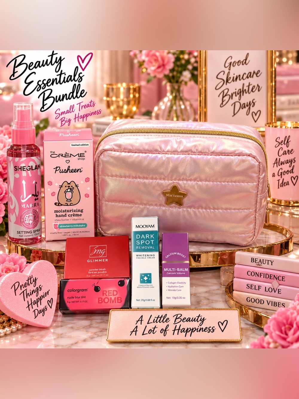 Beauty Essentials Bundle with Pink Quilted Makeup Bag